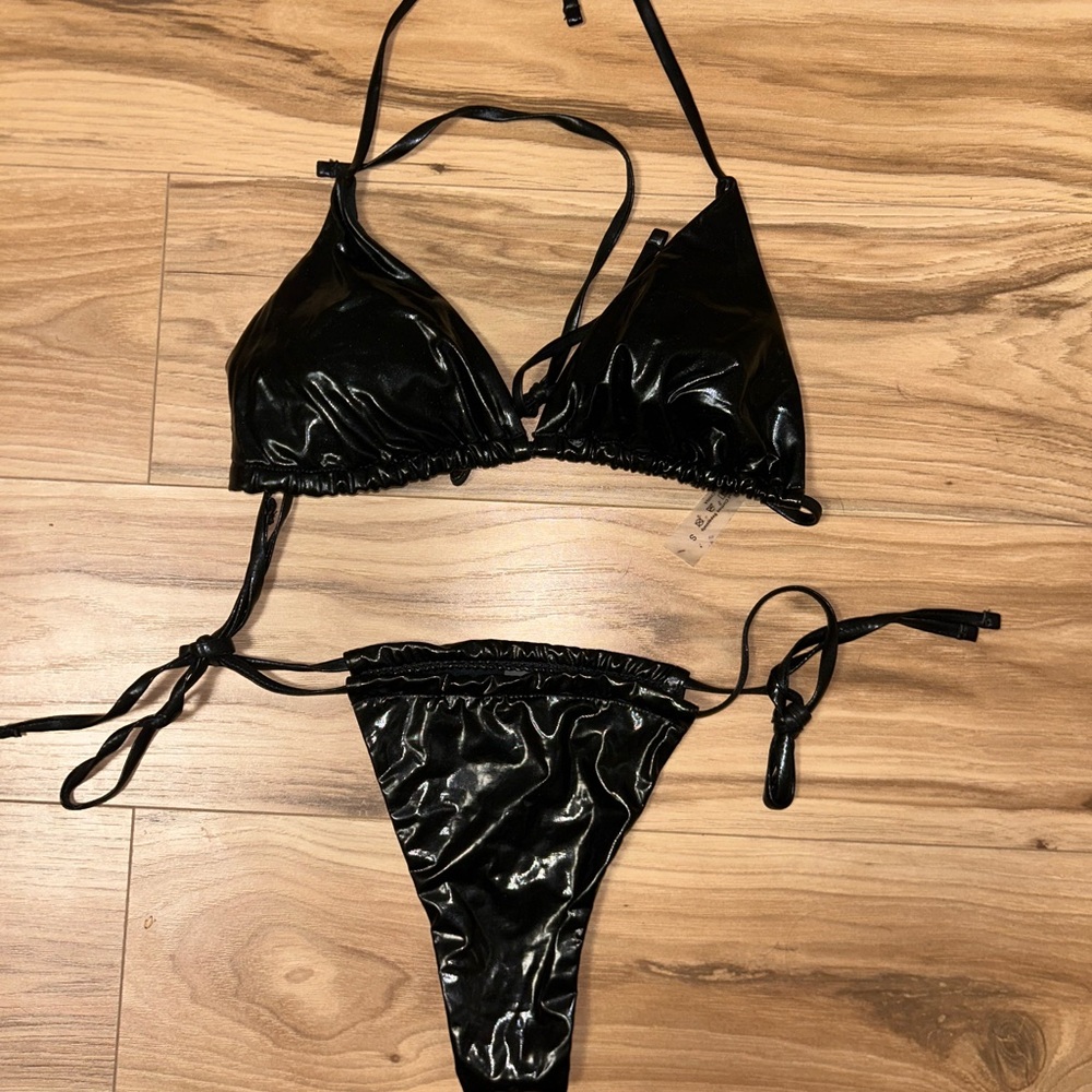 SHEIN Black Glossy Triangle Bikini Set